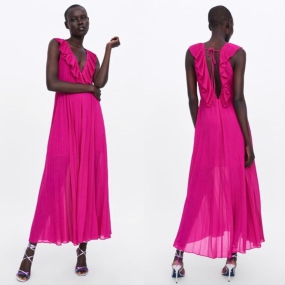 Zara V Cut Ruffle Chiffon Dress Magenta S-Mx size 26